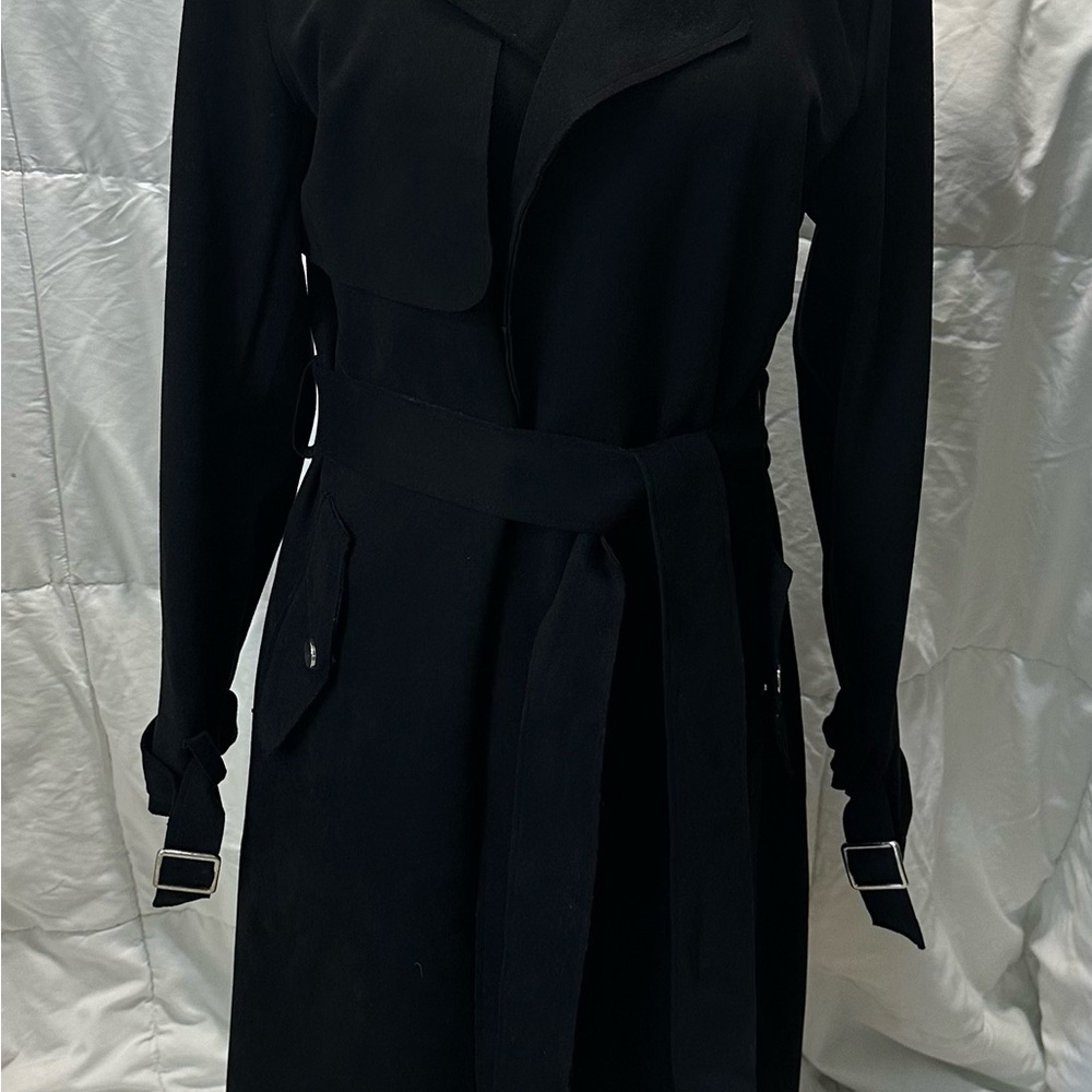 Haute Monde Black Trench Coat with Belted Waist and Tailored Silhouette